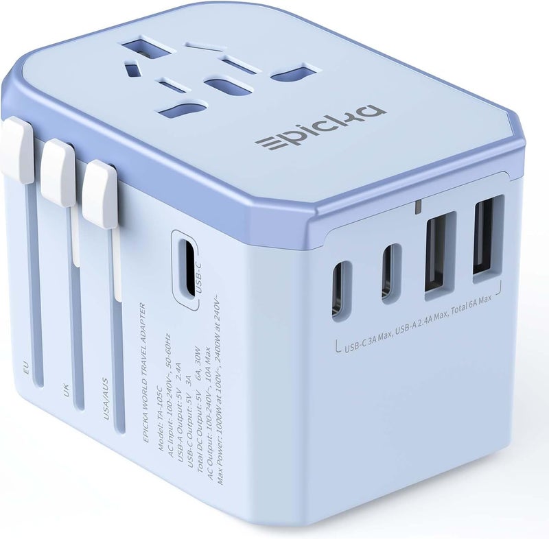 EPICKA Universal Travel Adapter, International Power Adapter with 2 USB-A & 3 USB-C Ports Wall Charger - Worldwide Travel Essentials, European Travel Plug Adapter for UK/US/AU (TA-105C, Blue) - Image 1